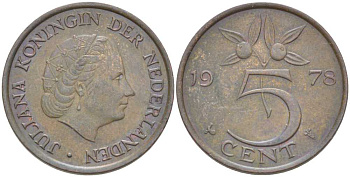 НИДЕРЛАНДЫ 5 ЦЕНТОВ 1978 ЮЛИАНА (1948-1980) KM 181 бронза 213-1145