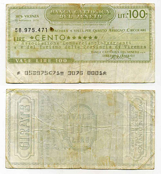 Италия чек на 100 лир 1976 Banca cattolica del veneto, ассоциация торговцев участников и туризма провинции vicenza, 20 ноября 1976 бумага 8588-16-2-1