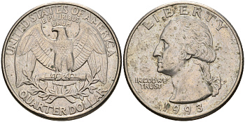 США 25 центов (квотер) 1993 P, Вашингтон KM А164а медь плакированная медно-никелем    4603-957