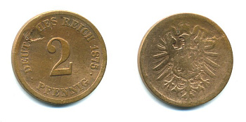 ГЕРМАНИЯ 2 ПФЕННИГА 1875 KM 2 медь 23-714