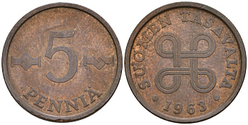 Финляндия 5 пенни 1963 KM 45 медь 4152-546