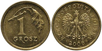ПОЛЬША 1 ГРОШ 2008 MW KM 276 латунь 201-363