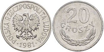 ПОЛЬША 20 ГРОШЕЙ 1981 MW KM А47 алюминий 201-468