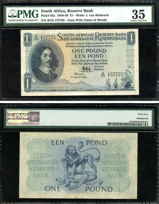 ЮАР 1 фунт 1949 Бартоломеус Вермуйден, 25 апреля 1949, английский-африкаанс, в слабе PMG 35 Choice Very Fine Pick 92 a бумага    452-1-05