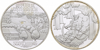 Австрия 500 шиллингов 1995 альпийское предгорье, лесоруб на санях KM 3029 серебро PROOF 11-092-15