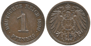 ГЕРМАНИЯ 1 ПФЕННИГ 1890 G KM 10, J. 10 медь 100-862