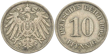 ГЕРМАНИЯ 10 ПФЕННИГОВ 1902 A KM 12, J. 13 медно-никель 4401-1236