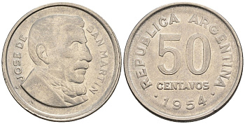 Аргентина 50 сентаво 1954 генерал Хосе де Сан Мартин KM 49, CJ 225, Schon 52 сталь плакированная никелем    60-957