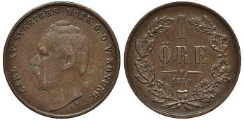 Швеция 1 эре 1870 Карл XV (1859-1872) KM 705 бронза 26-1152