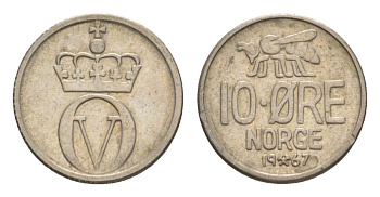 Норвегия 10 эре 1967 Улаф V (1957-1991) KM 411 медно-никель UNC 4632-1154