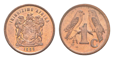 ЮАР 1 цент 1996 герб, капские воробьи KM 158 сталь плакированная медью UNC 4608-1035