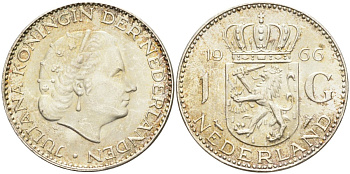 Нидерланды 1 гульден 1966 Юлиана (1948-1980) KM 184 серебро 4126-1155