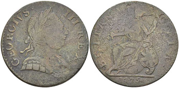 Великобритания 1/2 пенни 1775 Георг III (1760-1820) KM 601, Spink 3774 медь 109-1246