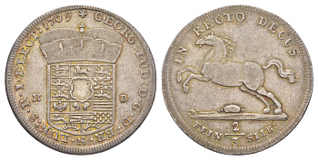 Брауншвейг-Каленберг-Ганновер 2/3 талера 1709 HB, Георг I (1698-1727), из коллекции Ричарда Б. Смита Davenport 419, KM 48 Welter 2154 серебро 00-821-22