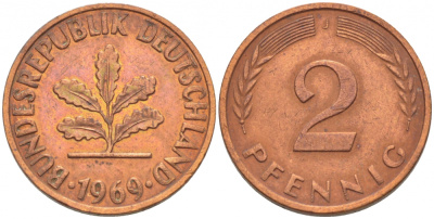 ФРГ 2 ПФЕННИГА 1969 J KM 106a, J.381a сталь плакированная сталь плакированная медьюю 4396-1561