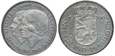 Нидерланды 2 1/2 гульдена 1980 коронация Беатрикс, 30 апреля 1980 KM 201 никель 72-1217