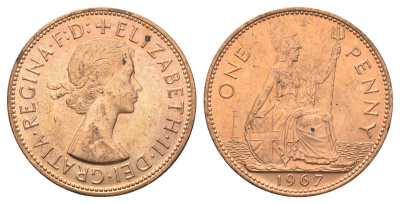 Великобритания 1 пенни 1967 Елизавета II (1952-2022) KM 897, Spink 4157 бронза UNC 4661-945