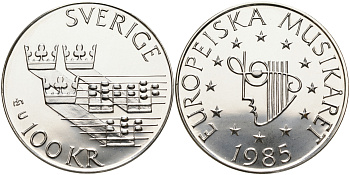 Швеция 100 крон 1985 Карл XVI Густав (1973- ), европейский год музыки KM 865 серебро UNC 1527-724