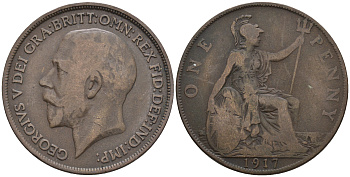 Великобритания 1 пенни 1917 Георг V (1910-1936) КМ 810, Spink 4051 бронза 4607-1041