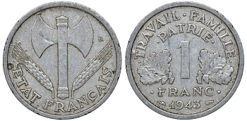 Франция 1 франк 1943 правительство Виши KM 902.1, Le Franc 223.3 алюминий 4163-425