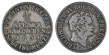 ПРУССИЯ 1/2 ЗИЛЬБЕРГРОША 1851 A KM 434 серебро 00-00