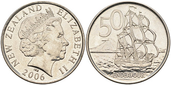 Новая Зеландия 50 центов 2006 Елизавета II (1952-2022), парусник Индевор KM 119а никелированная сталь 4579-1044