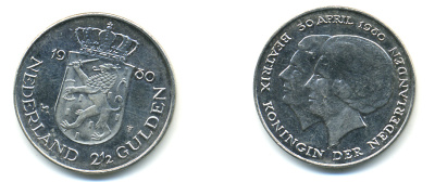 Нидерланды 2 1/2 гульдена 1980 коронация Беатрикс, 30 апреля 1980 KM 201 никель 83-643