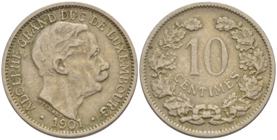 ЛЮКСЕМБУРГ 10 САНТИМОВ 1901 АДОЛЬФ (1890-1905) KM 25 медно-никель 4548-757