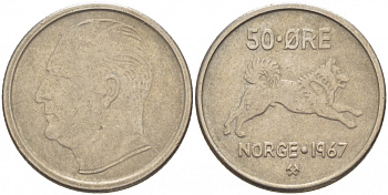 Норвегия 50 эре 1967 Улаф V (1957-1991), собака KM 408 медно-никель 3851-1255