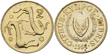 Кипр 2 цента 1991 KM 54.3 никель латунь 4174-1252