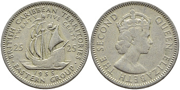 Британские Восточно-Карибские территории 25 центов 1955 Елизавета II (1952-2022), парусник KM 6 медно-никель 76-742