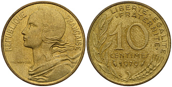 Франция 10 сантимов 1979 KM 929 алюминиевая бронза 4152-1062