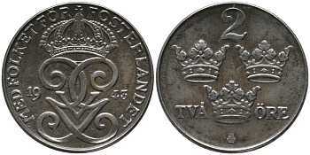 Швеция 2 эре 1943 Густав V (1907-1950) KM 811 железо 63-851