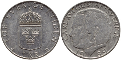 Швеция 1 крона 1989 Карл XVI Густав (1973- ) KM 852a медно-никель 4397-1255