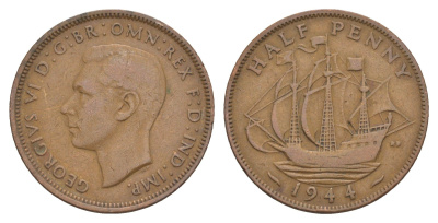 Великобритания 1/2 пенни 1944 Георг VI (1936-1952) KM 844, Spink 4115 бронза 4642-434
