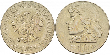 ПОЛЬША 10 ЗЛОТЫХ 1971 MW, ТАДЕУШ КОСТЮШКО KM 50a медно-никель 4517-821