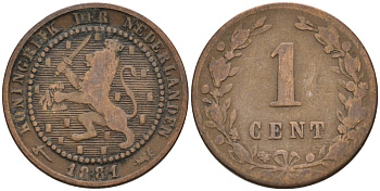 Нидерланды 1 цент 1881 Виллем III (1849-1890) KM 107 бронза 4576-557