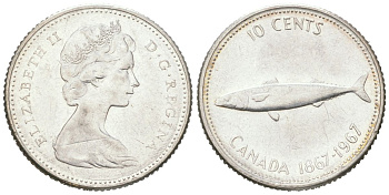 Канада 10 центов 1967 рыба, 100 лет Конфедерации Канада, Ссеребро 0.800, вес 2,3 гр, диаметр 18,3 мм KM 67 серебро aUNC 192-129