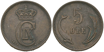 Дания 5 эре 1874 CS, Кристиан IX (1863-1906) KM 794 бронза 4171-834
