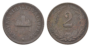 Венгрия 2 филлера 1909 KB, Франц Иосиф I (1848-1916) KM 481 бронза 4664-825