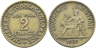 ФРАНЦИЯ 2 ФРАНКА 1923 CHAMBRES DE COMMERCE KM 877, LE FRANC 267.5 алюминиевая бронза 3334-825
