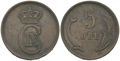 Дания 5 эре 1874 CS, Кристиан IX (1863-1906) KM 794 бронза 4171-834