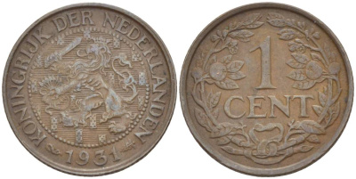 НИДЕРЛАНДЫ 1 ЦЕНТ 1931 ВИЛЬГЕЛЬМИНА I (1891-1948), РЕДКИЙ ГОД KM 152 бронза 4532-1046