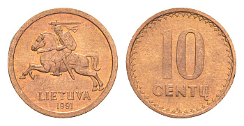 Литва 10 центов 1991 KM 88 бронза UNC 4115-738