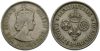 Маврикий 1/4 рупии 1960 Елизавета II (1952- ) KM 36 медно-никель 4564-214