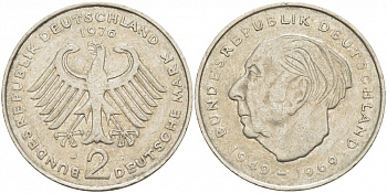ФРГ 2 МАРКИ 1976 J, ТЕОДОР ХОЙС KM 127, J. 407 медно-никель плакированный никелем 3718-1012