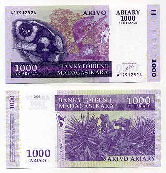 Мадагаскар 1000 ариари (5000 франков) 2004 лемур, животные, подпись 5 Pick 89 а бумага UNC (пресс) 8589-26-2-1