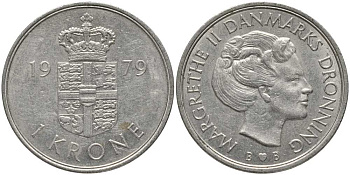 Дания 1 крона 1979 S; B, Маргрете II (1972-) KM 862.1 медно-никель 113-913