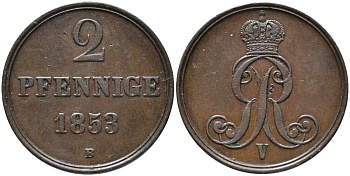 ГАННОВЕР 2 ПФЕННИГА 1853 В, ГЕОРГ V (1851-1866) KM 217 медь 4448-1056
