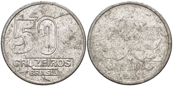 Бразилия 50 крузейро 1991 KM 620.2 нержавеющая сталь 4364-1852